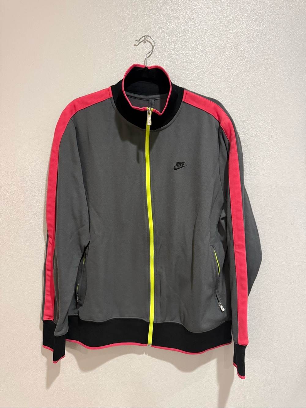 Nike Gray Performance Jacket with Pink Accents & Yellow Zipper